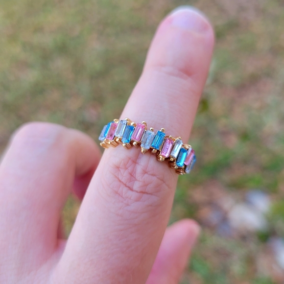 Baguette Sapphire Pink Blue Clear Gemstone Gold Ring Size 6.5 - Picture 4 of 11